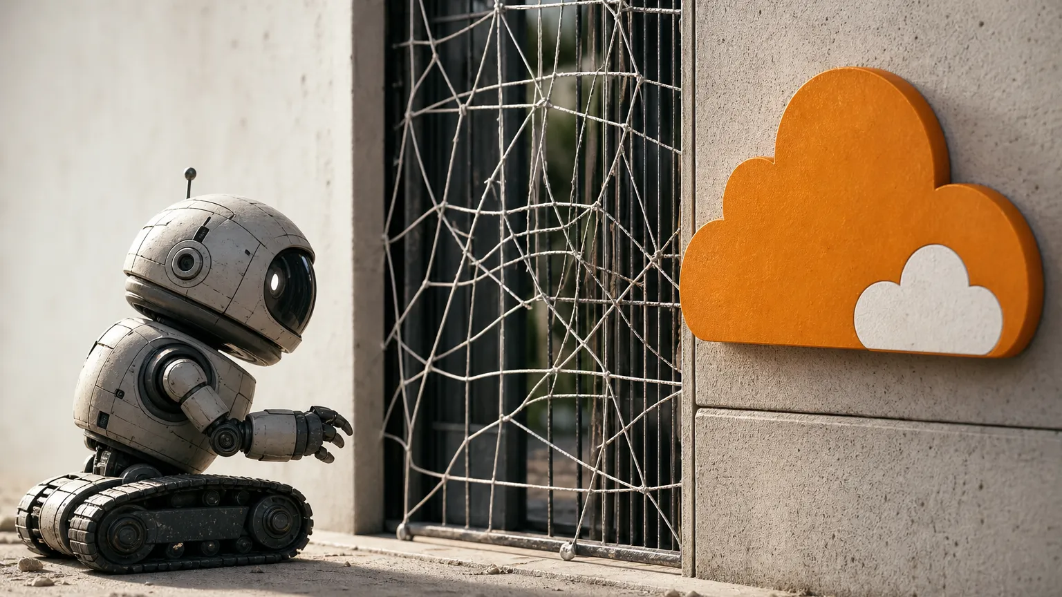 A small tracked robot stops at a gate strung with a rope web, beside a concrete wall bearing an orange cloud-shaped plaque.