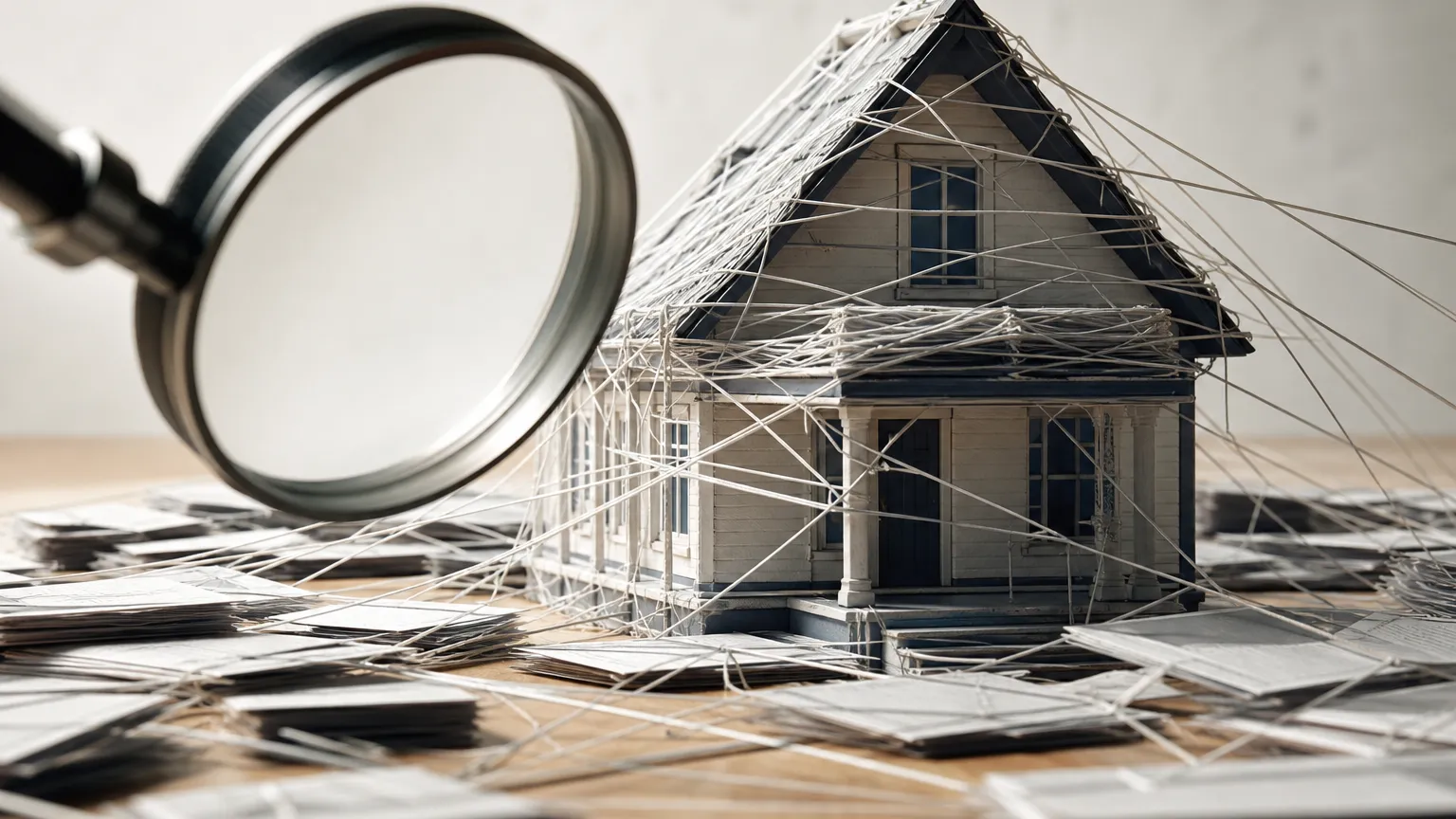 A model house wrapped in tangled white string stands on a table among stacks of blank paper, a large magnifying glass tilted toward it.