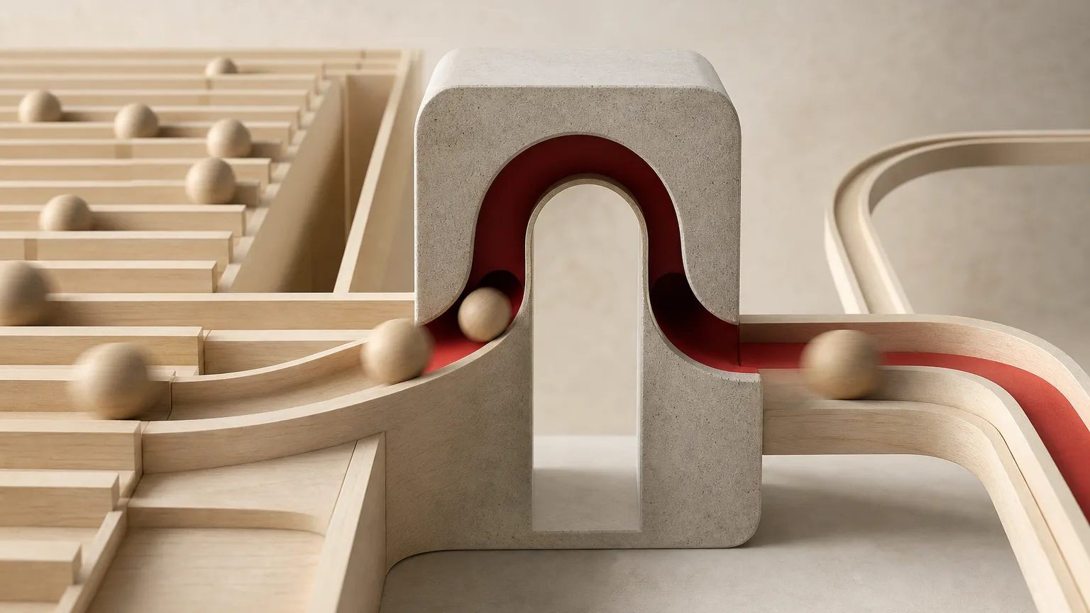 Wooden balls rolling down parallel tracks, all funnelled through a single arched stone gate lined in red before continuing on curved rails.
