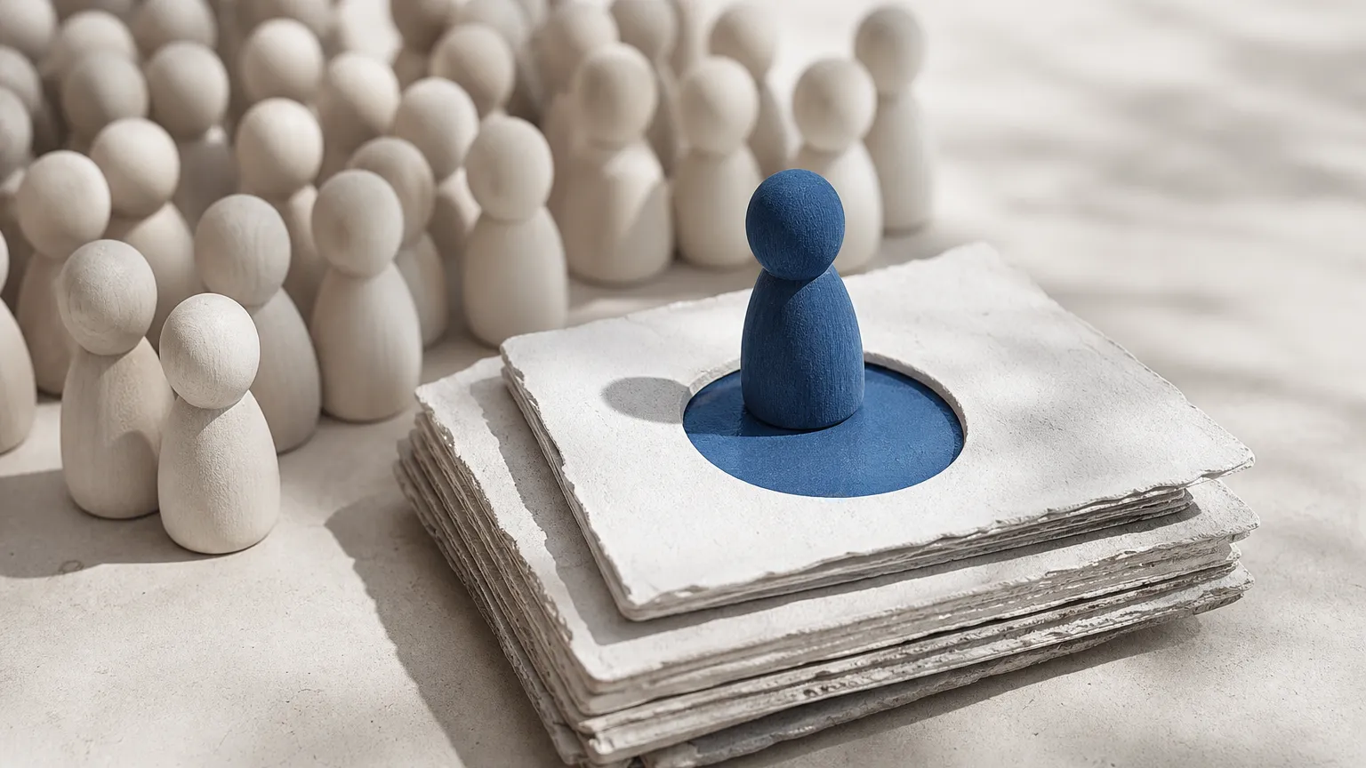 A single blue wooden figure stands in a round cut-out on a stack of handmade paper squares, lifted apart from a crowd of pale figures behind it.