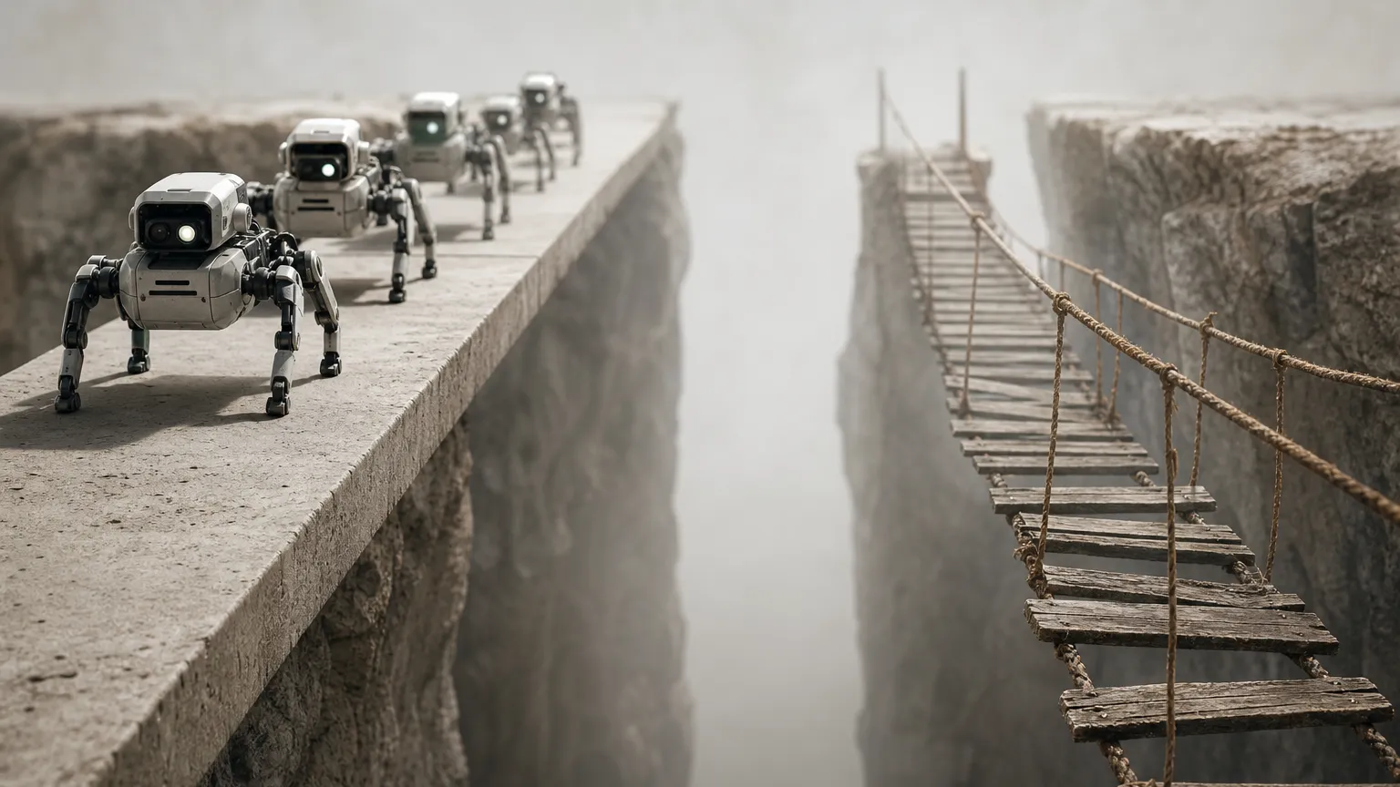 A line of four-legged robots halts at the edge of a stone ledge above a foggy chasm, while a rope bridge spans the gap only on the far side, out of reach.