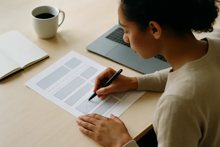 Photograph: a content editor marking up a printed page-layout wireframe with a pen at a bright desk.
