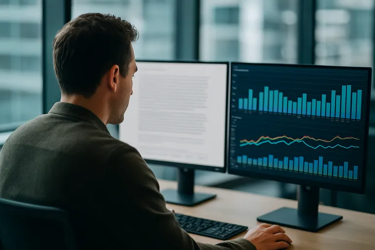 Photograph: an analyst at a dual-monitor workstation scrolling to the sources at the end of a long answer.