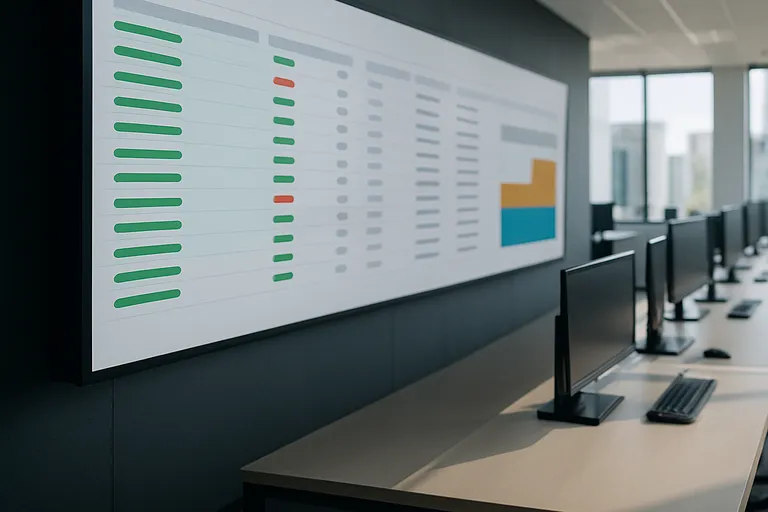 Photograph: a wide video wall in a bright operations room showing an access-control board of rows with green and red status pills.