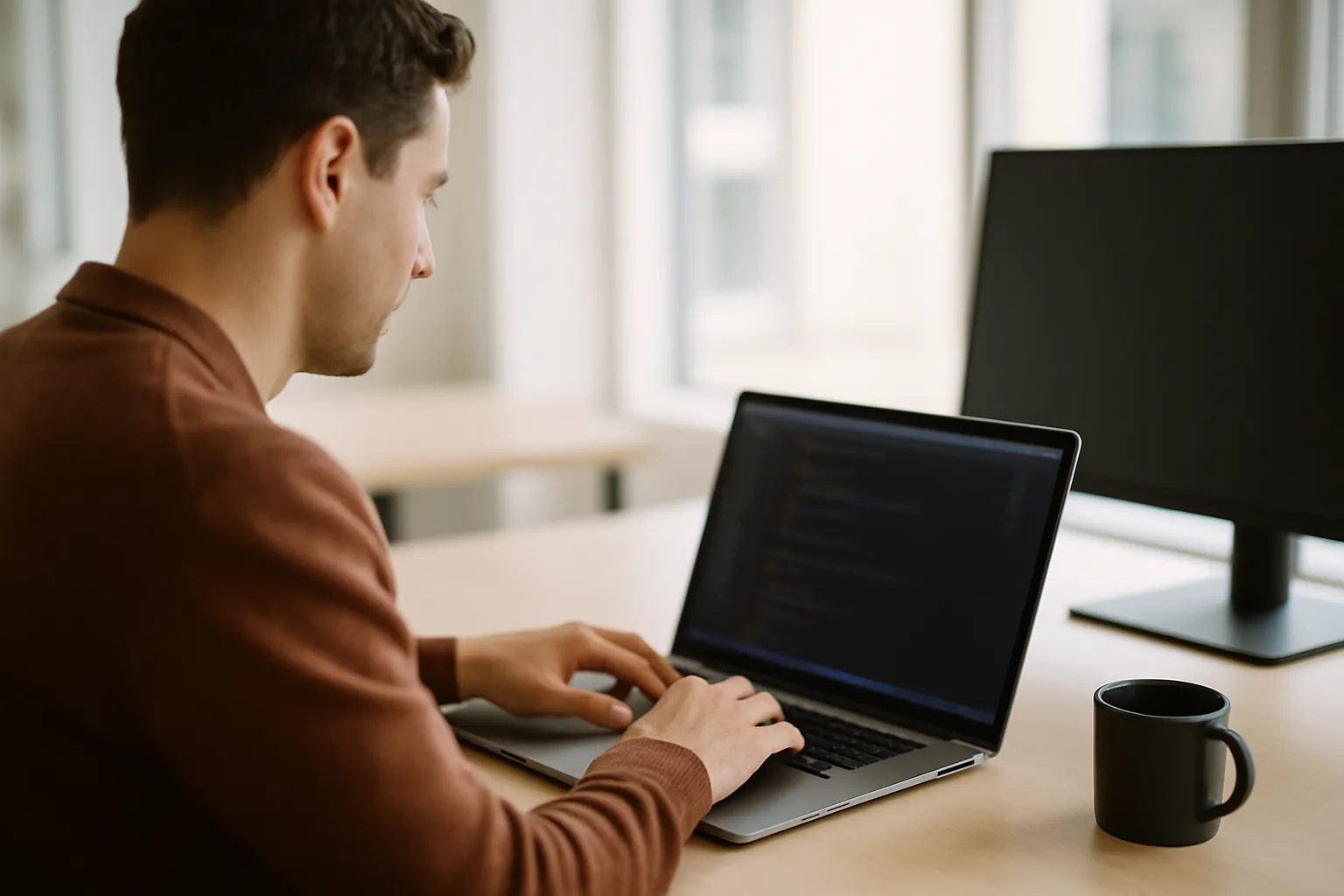 Photograph: over the shoulder of a developer typing at a laptop showing an out-of-focus code editor.