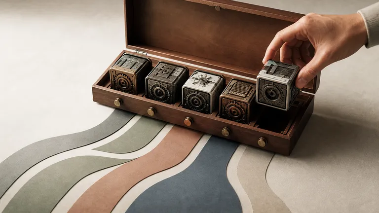 A hand lifts one of five machined cubes from a wooden case; each slot feeds a differently coloured paper ribbon curving away across a pale surface.