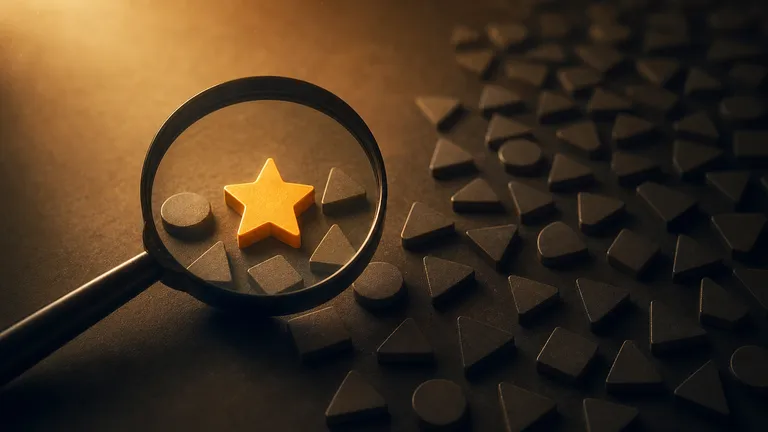 A magnifier over scattered dark shapes, with a single amber star lit up inside the lens while all the others stay unlit.