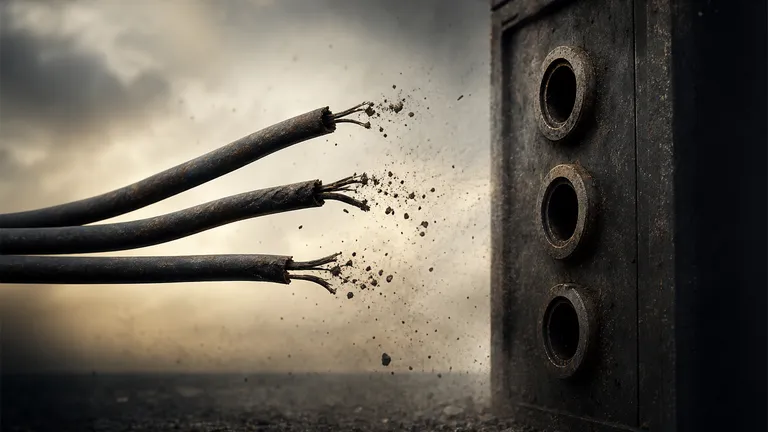 Three heavy cables reaching toward a metal panel's sockets, their ends frayed and dissolving into dust before they connect.