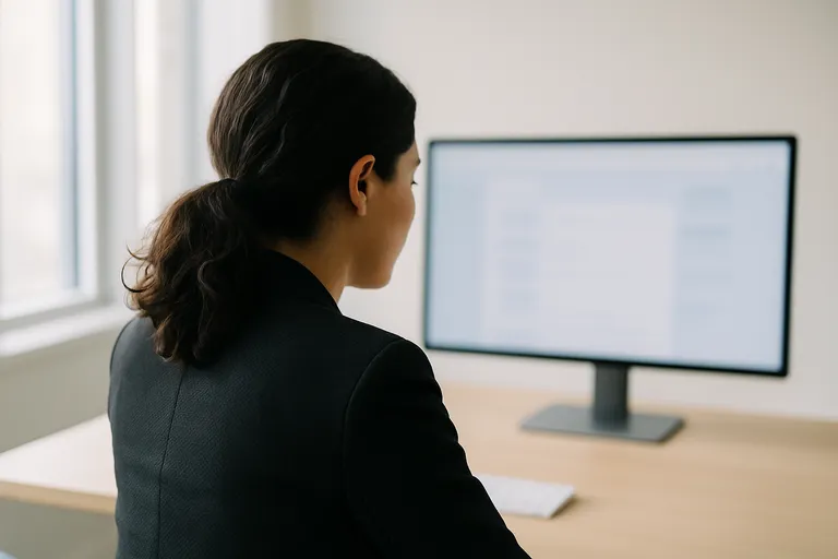 Photograph: a marketer seen from behind studying search results on a monitor in a bright office.