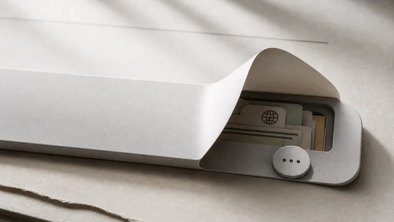 A pale desk tray with its lid curling open over folders tucked inside, and a small three-dot button on the front edge.