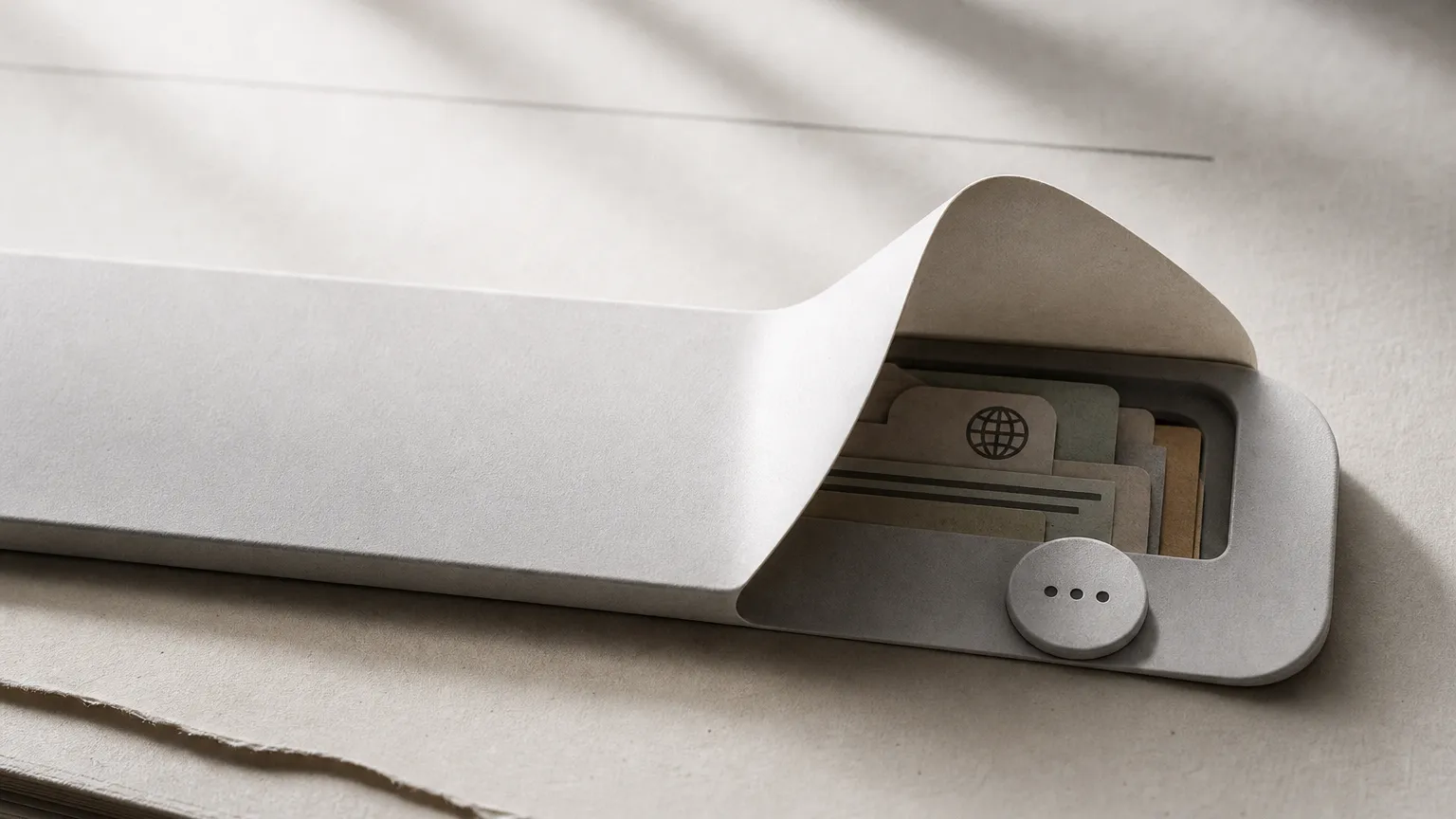 A pale desk tray with its lid curling open over folders tucked inside, and a small three-dot button on the front edge.