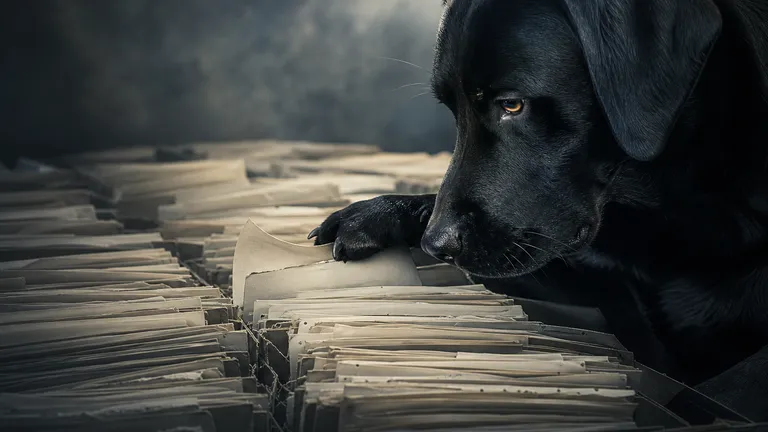 A black Labrador rests one paw on a single raised paper file among endless rows of documents stretching into shadow.