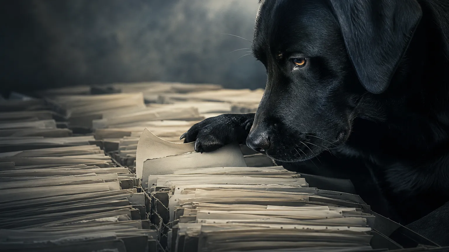 A black Labrador rests one paw on a single raised paper file among endless rows of documents stretching into shadow.