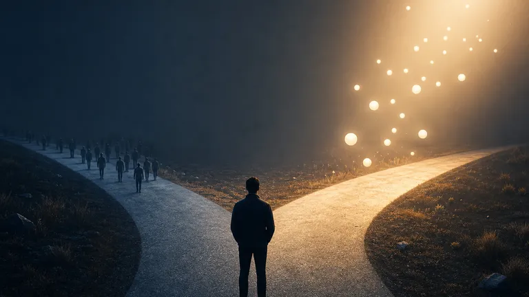 A person stands where a path splits: one branch grey and crowded with distant figures, the other lit warm gold with floating lights.