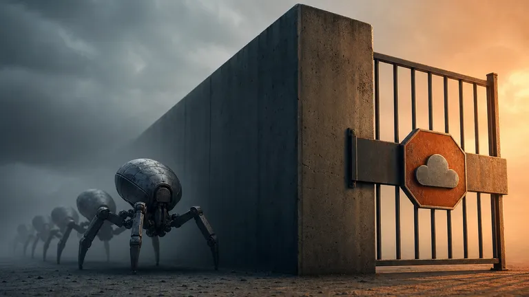 Mechanical spider-like crawlers halted in fog by a concrete wall and a barred gate marked with a cloud sign.