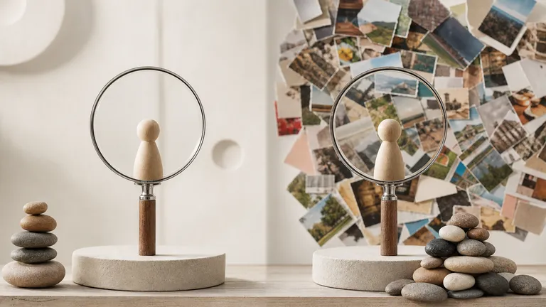 Two identical magnifying glasses on stone plinths: one frames a calm blank wall, the other a scattered collage of photos, beside neat and toppled stone stacks.