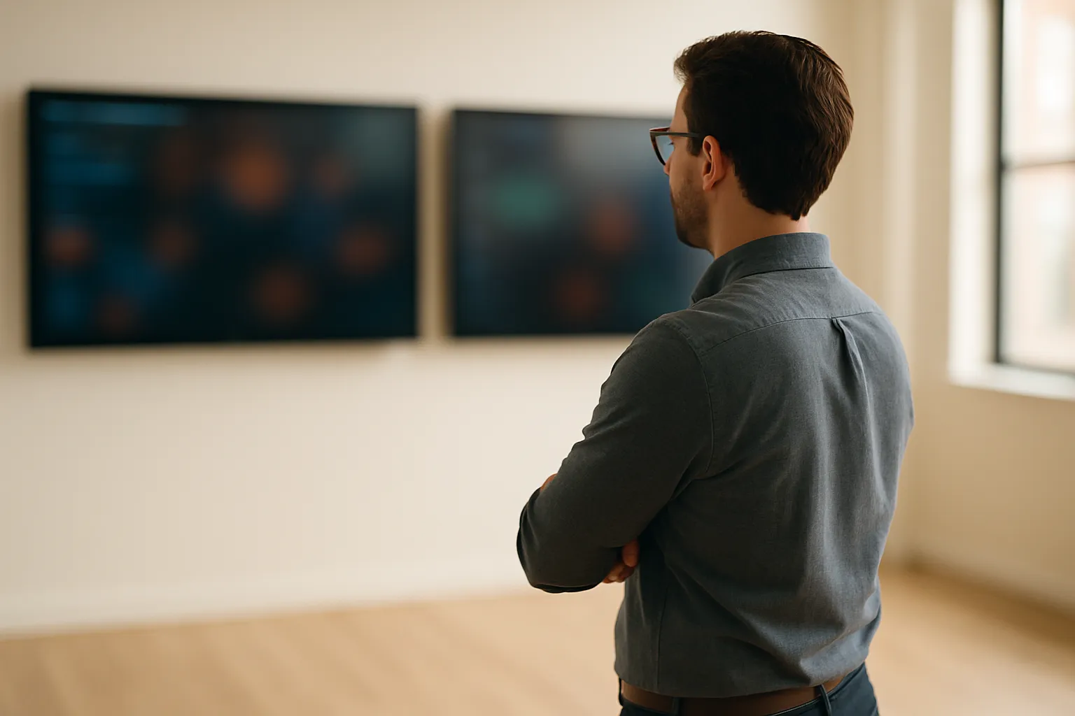 Photograph: a marketer seen from behind studying two large wall-mounted screens side by side.