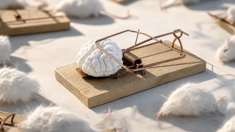 A white ceramic brain sits caught under the bar of a wooden mousetrap, with pale mice and more traps scattered around it on a bright surface.
