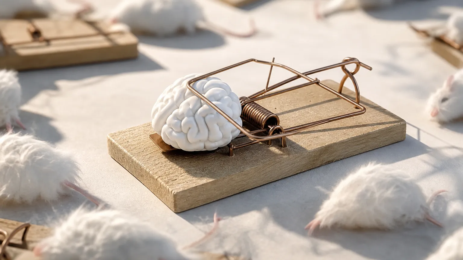 A white ceramic brain sits caught under the bar of a wooden mousetrap, with pale mice and more traps scattered around it on a bright surface.