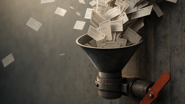 A metal funnel on a concrete wall overflowing with near-identical paper page layouts spilling out and scattering.
