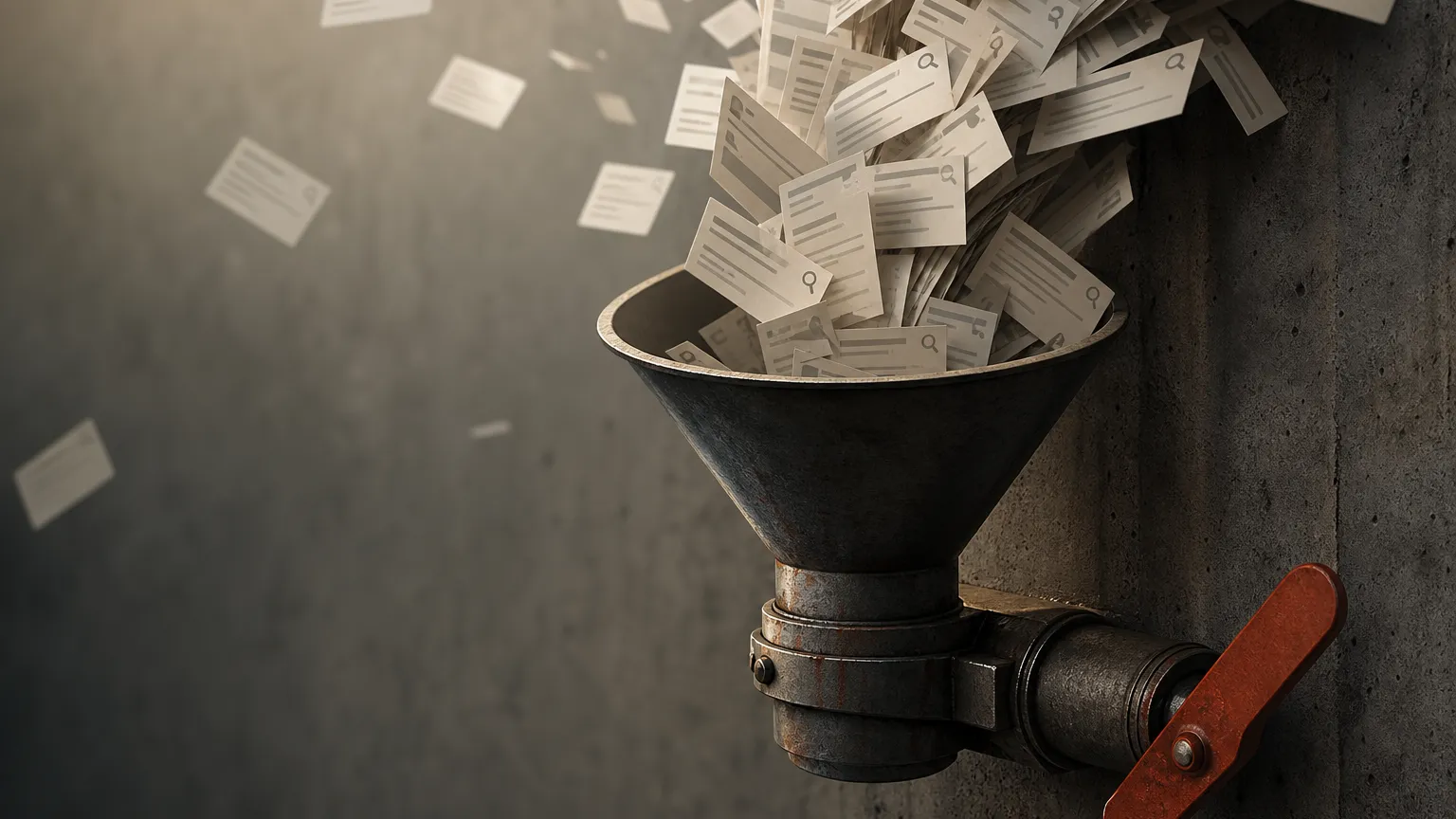A metal funnel on a concrete wall overflowing with near-identical paper page layouts spilling out and scattering.
