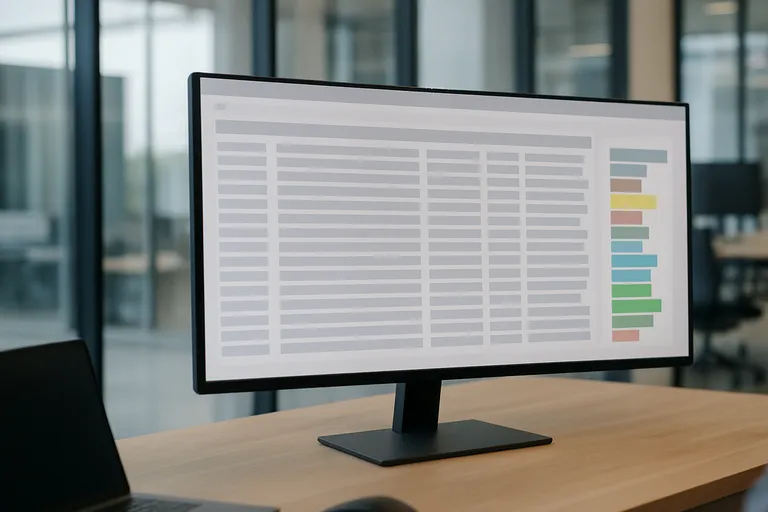 Photograph: a wide monitor on a desk in a bright glass office, filling the frame with a dense data table beside a column of coloured bars.
