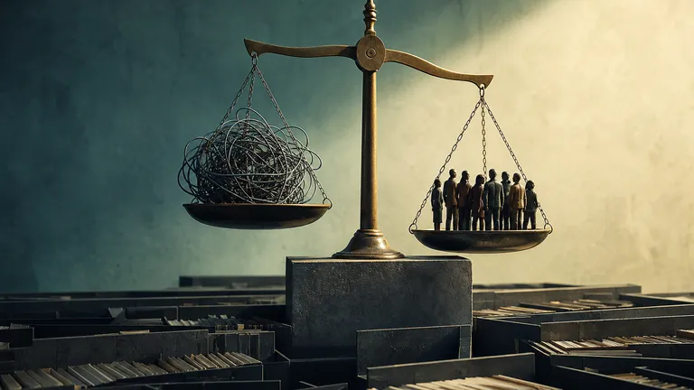 A brass balance scale on a stone plinth above rows of filing shelves, one pan holding a tangle of wire, the other a small crowd of figures.
