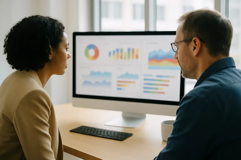 Photograph: two colleagues reviewing results together on a monitor, one pointing at the screen.