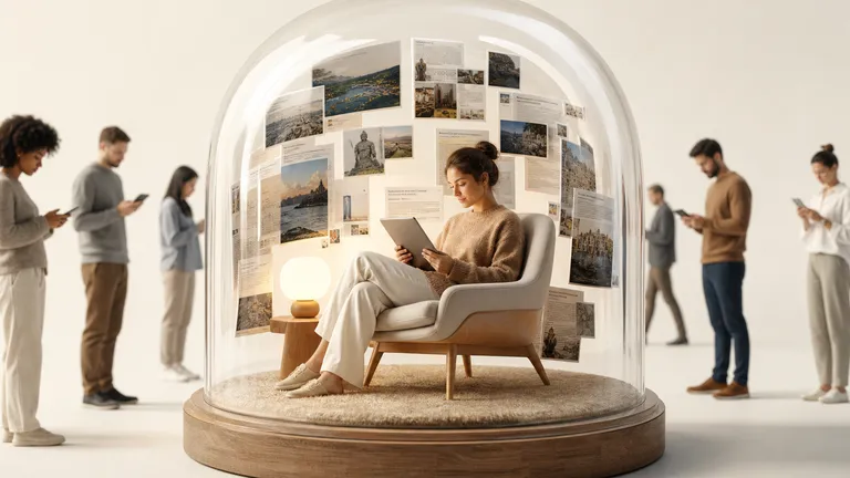A person reads a tablet inside a glass bell jar lined with press clippings, while other people stand outside on bare floor looking at phones.