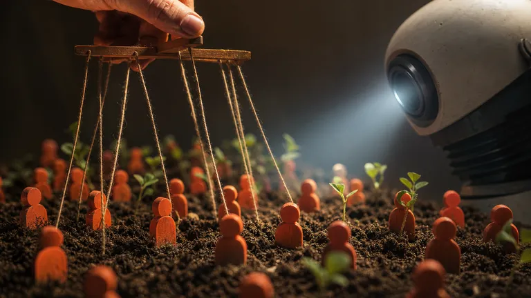 A hand works a puppet bar with strings tied to small orange figures planted in soil, while a large camera lens shines a beam across the seedlings.