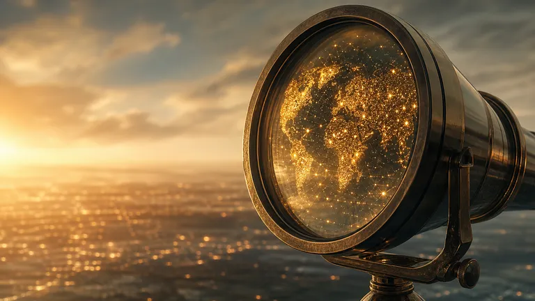 A brass viewing telescope at dusk, its lens filled with a glowing map of world city lights above a lit coastline.