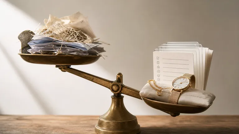 A brass balance scale tips: torn scraps of paper rise on one pan while neat spec cards, a gold watch and a necklace weigh down the other.