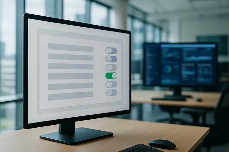 Photograph: a monitor in a bright office showing a settings panel of toggle switches, one switched on.