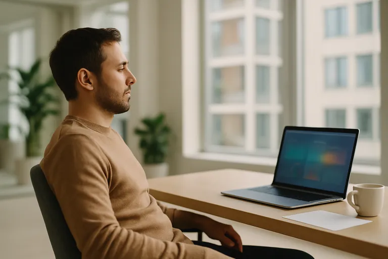 Photograph: a marketer leaning back with hands off the keyboard while the laptop carries on working.