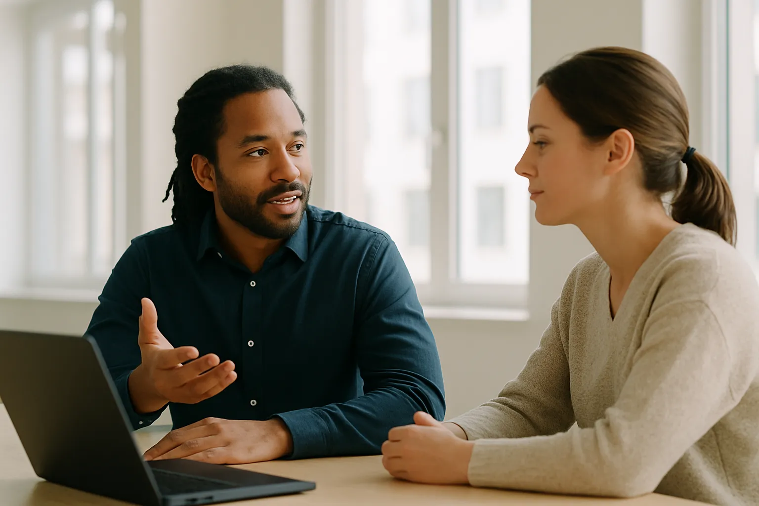Photograph: two colleagues at a desk in a bright office, one explaining mid-sentence while the other listens.