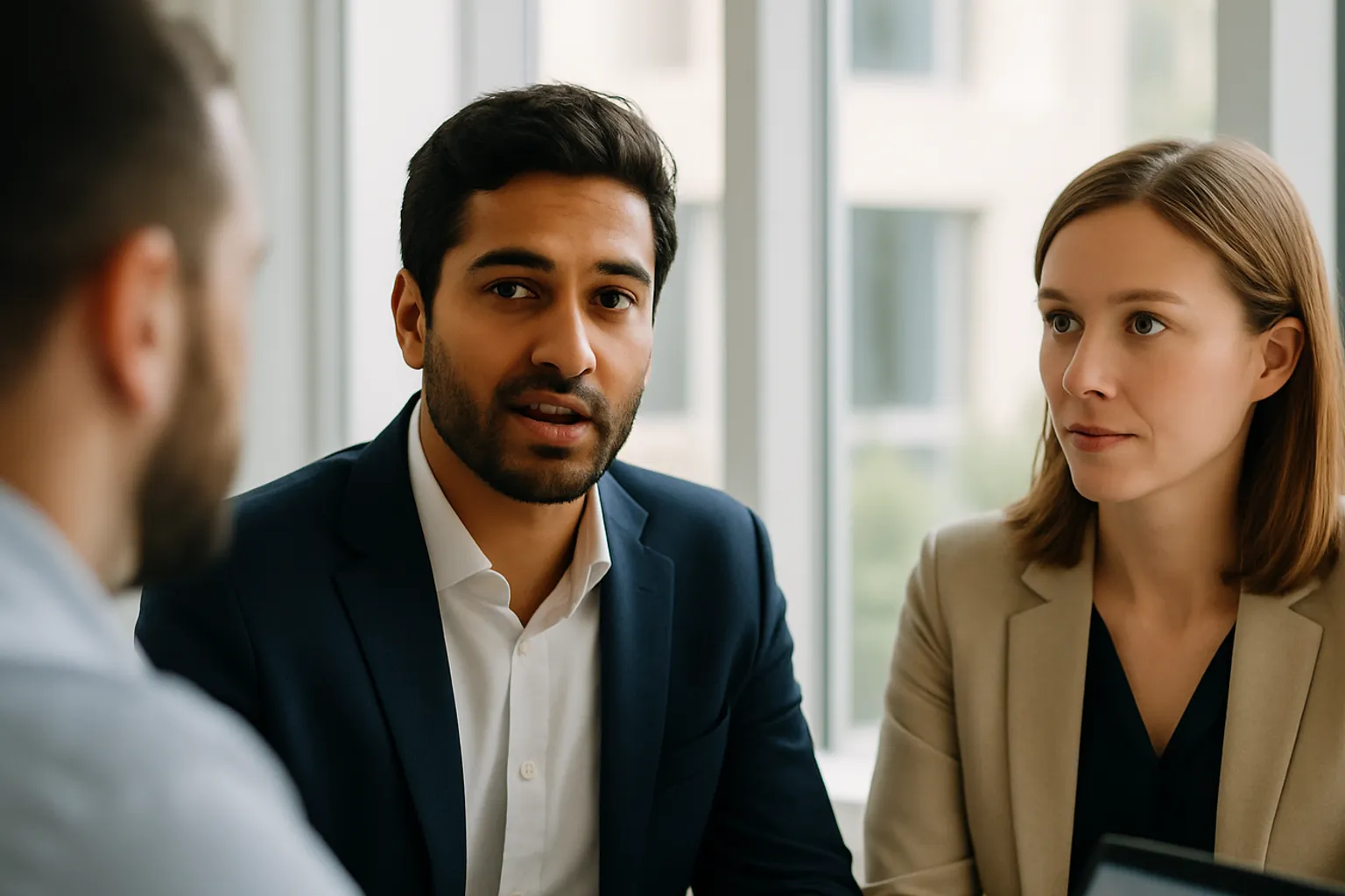 Photograph: three colleagues in candid conversation around a table in a bright meeting room.