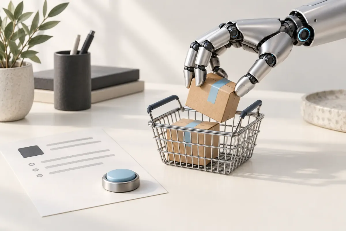 A robotic hand places a parcel in a shopping basket beside a form and a button.