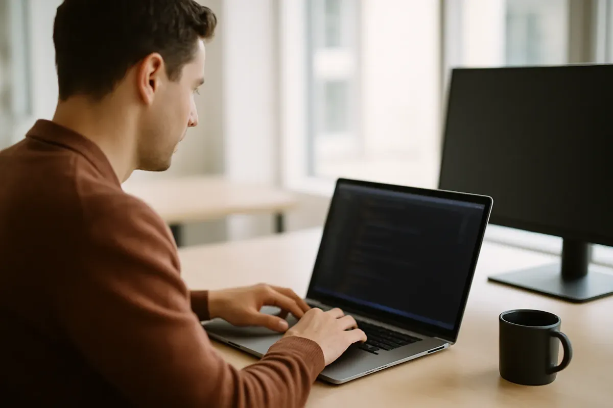 Photograph: over the shoulder of a developer typing at a laptop showing an out-of-focus code editor.