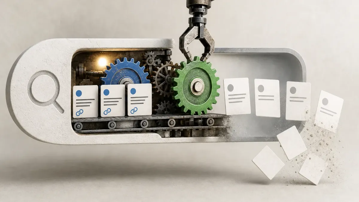 A cutaway search bar where a claw swaps a gear; cards with link icons enter the machine and come out blank, then crumble to dust.