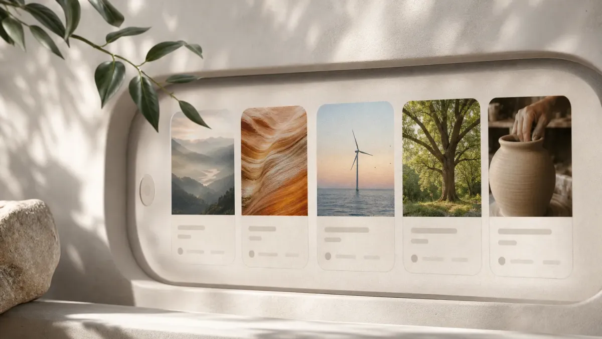 A row of five article cards recessed into a sunlit plaster wall, each with a photograph above blank lines standing in for a headline and date.