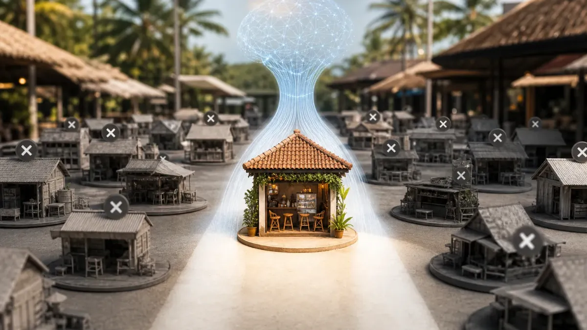 A model village of grey food stalls marked with X icons surrounds one colourful lit cafe on a plinth, lifted by a glowing network of light above it.