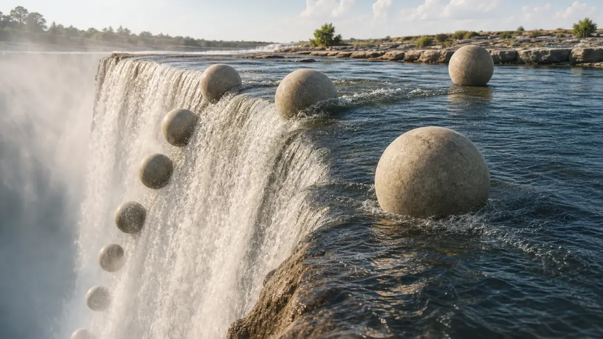 Large stone spheres float in a wide river while a line of smaller ones tips over the edge of a waterfall and disappears into mist below.