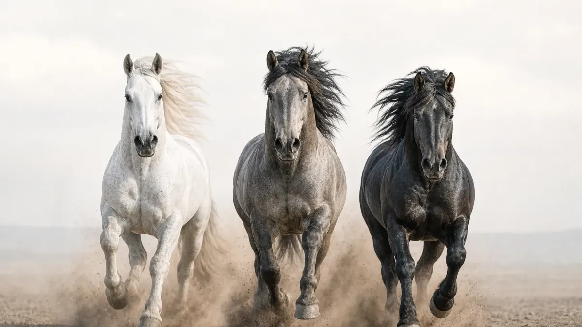 Three horses, one white, one grey, one black, gallop side by side across a dusty plain, all exactly level with each other.