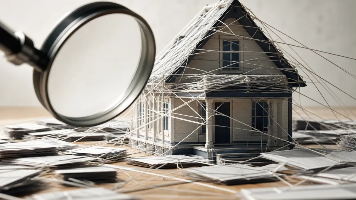 A model house wrapped in tangled white string stands on a table among stacks of blank paper, a large magnifying glass tilted toward it.