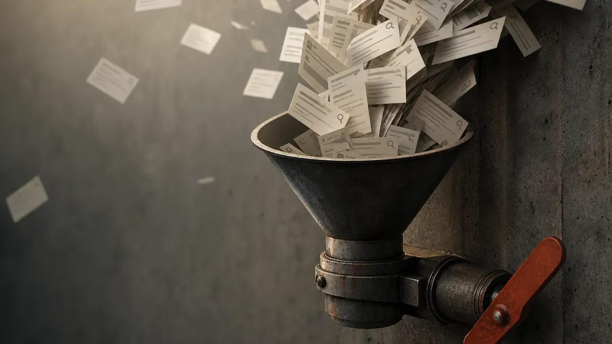 A metal funnel on a concrete wall overflowing with near-identical paper page layouts spilling out and scattering.