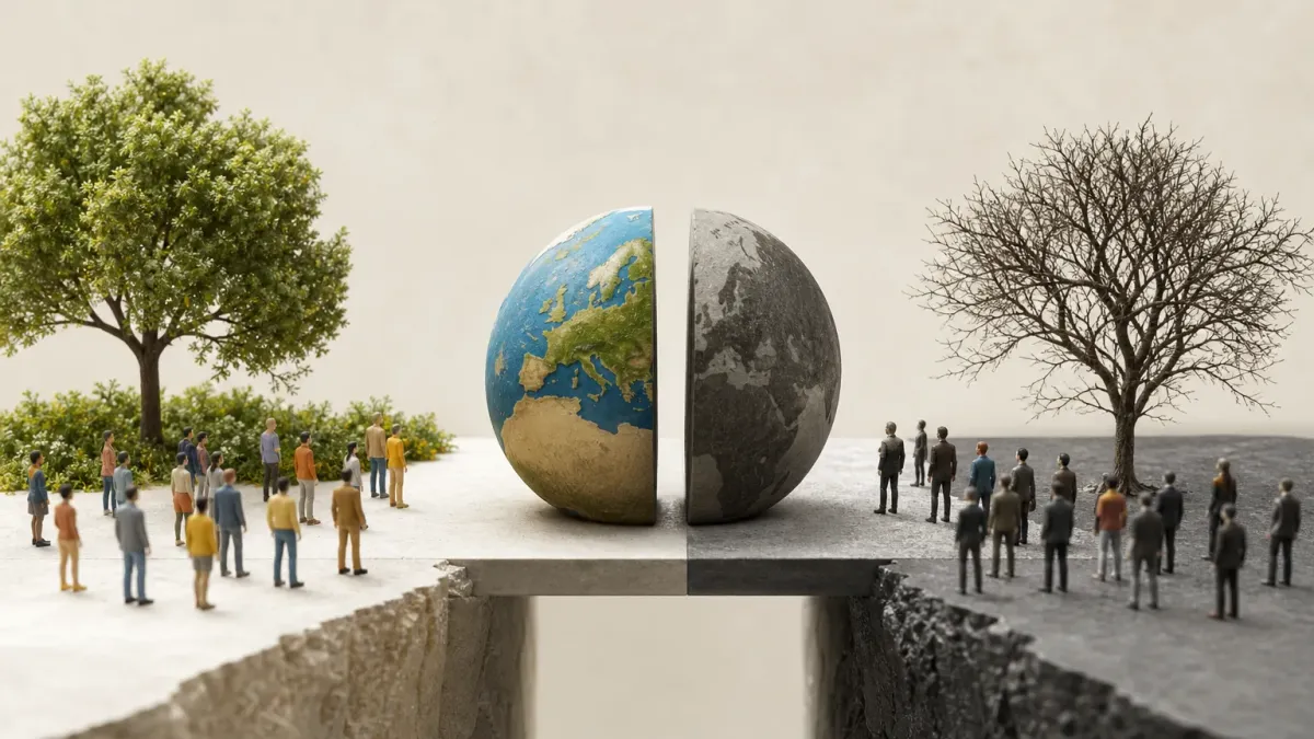 A globe split into two halves on a plinth: one side lush and coloured beside a green tree, the other grey stone beside a bare tree, onlookers on each side.