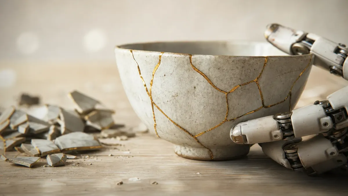 Robotic hands rest beside a cracked ceramic bowl mended with gold seams, while a pile of unrepaired shards lies on the wooden table next to it.