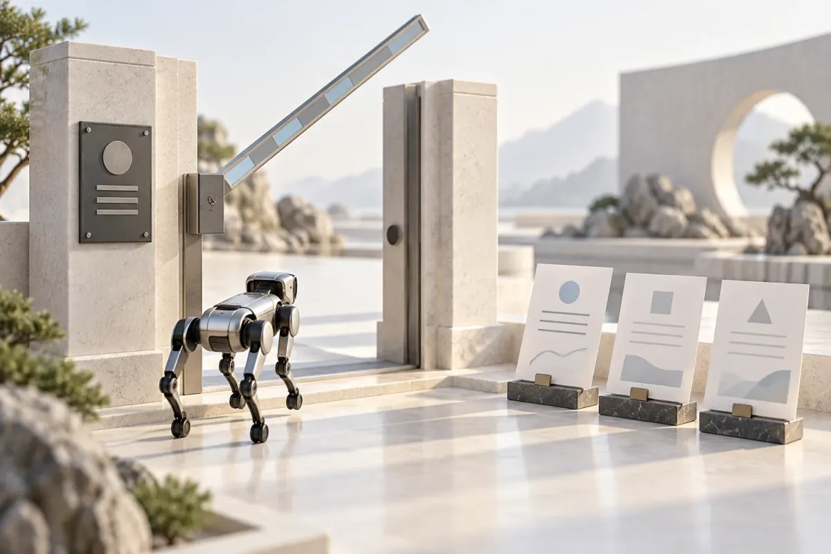 A small robot approaches an open access gate; three optional guide cards stand beside it.